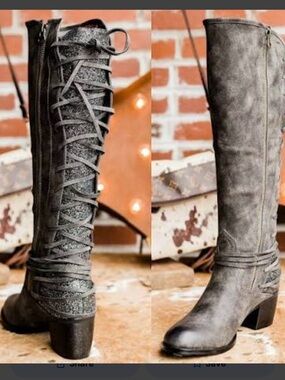 Tall Lace-Up Boots in Distressed Gray Suede with Glitter Back